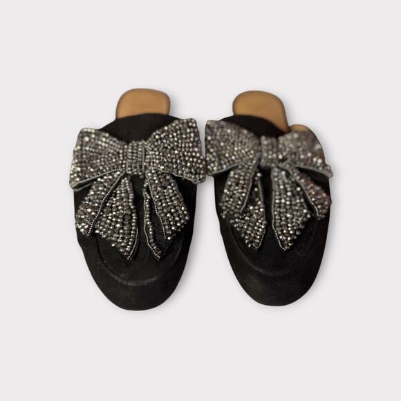 Black Rhinestone Bow Mules – Sparkly Slip-On Flats | Size 8 Velvet & Glam Look - Picture 1 of 7